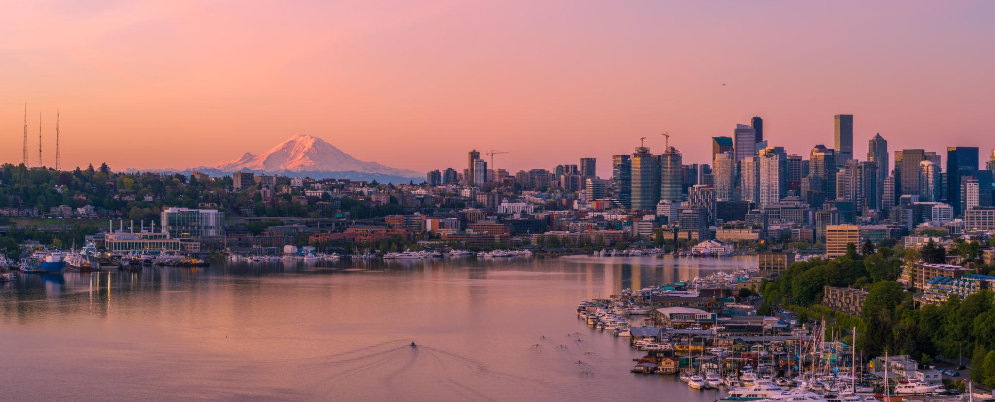 Lake Union Seattle sunset with Mount Rainier and city skyline