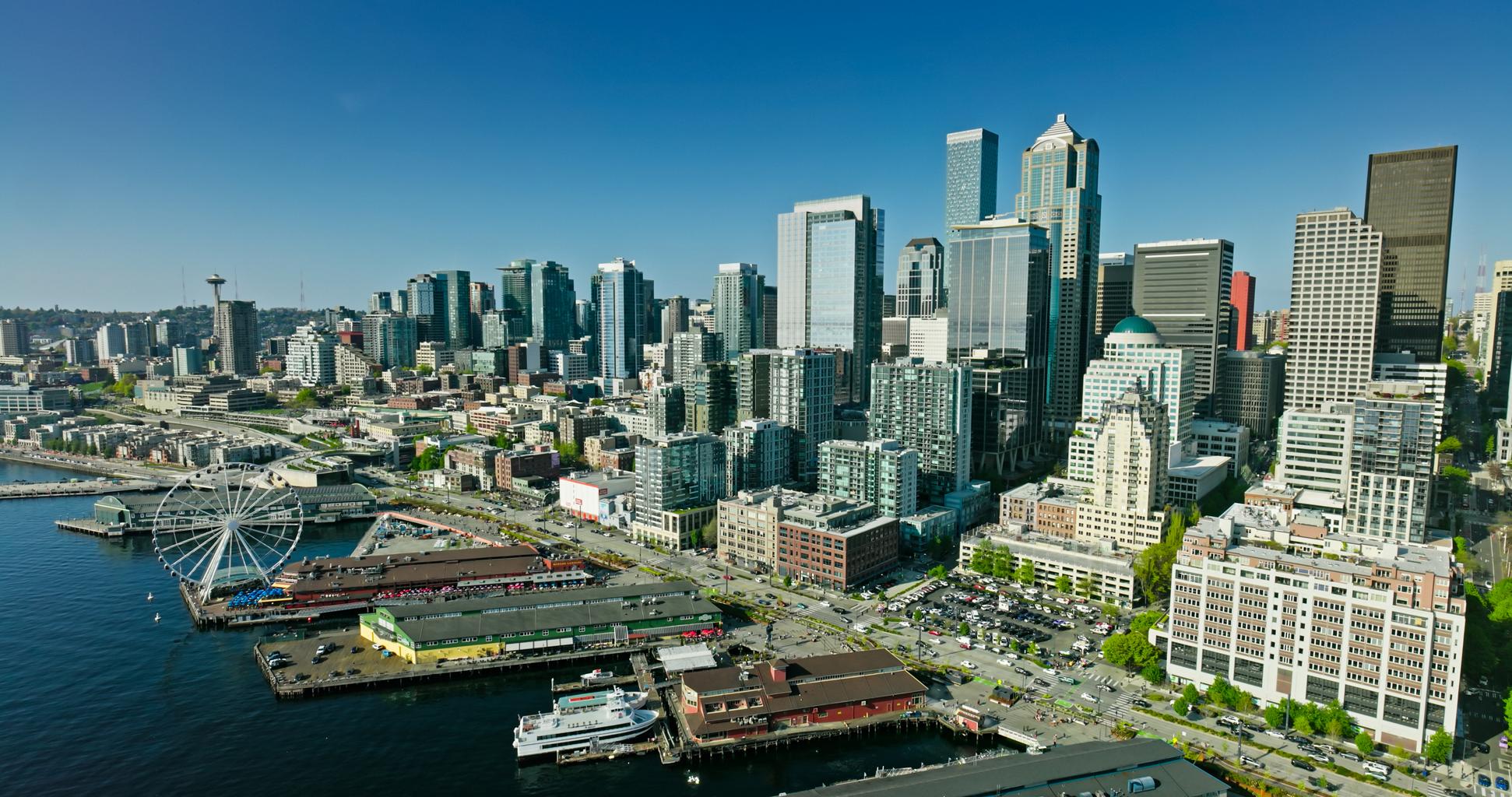 Seattle waterfront aerial view Great Wheel and piers